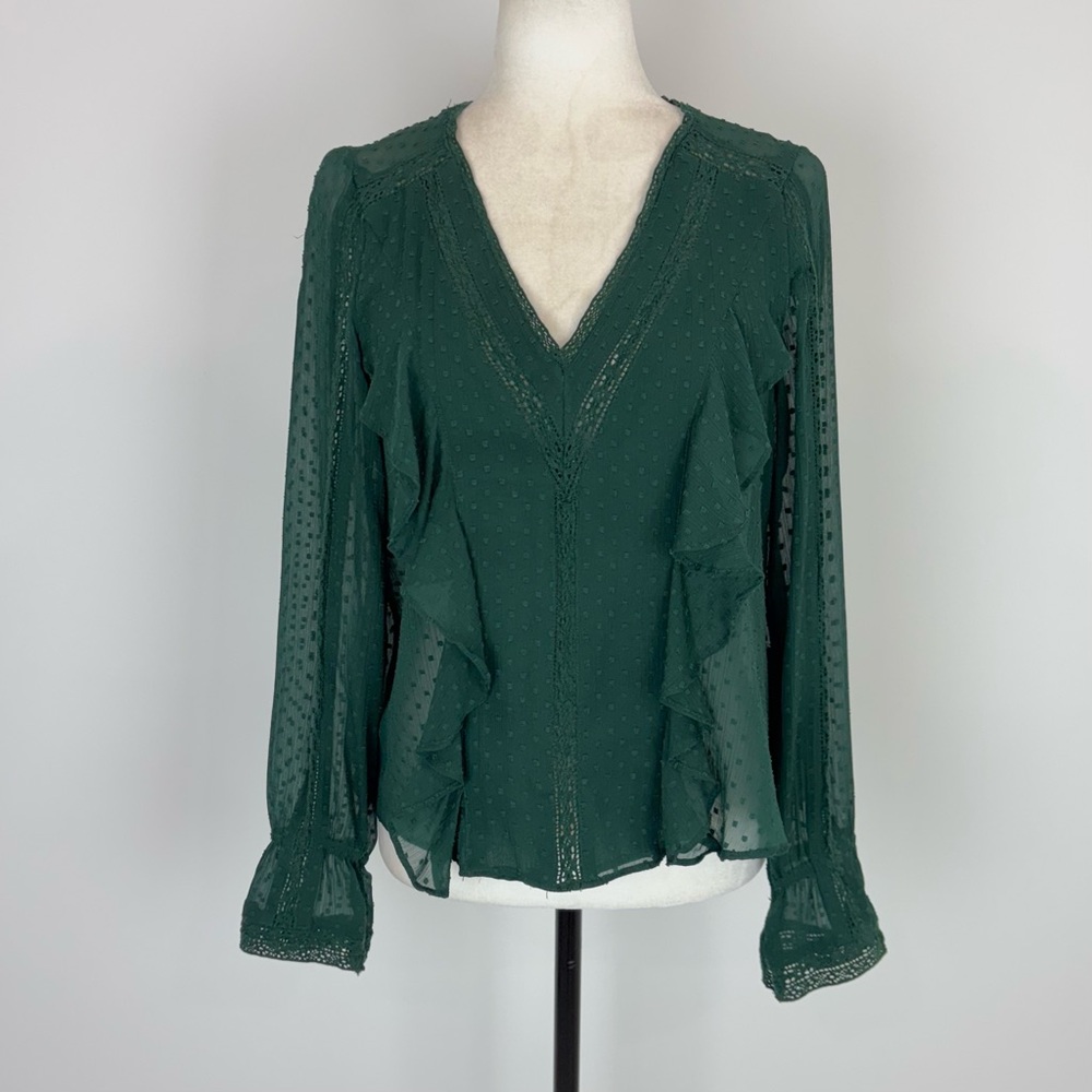 Zara green swiss dot ruffle blouse